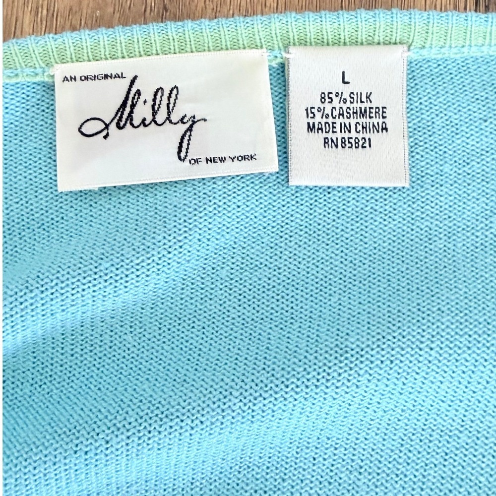 Milly of New‎ York Turquoise Blue Silk Cashmere Cardigan Lime Trim L vintage - Picture 7 of 9